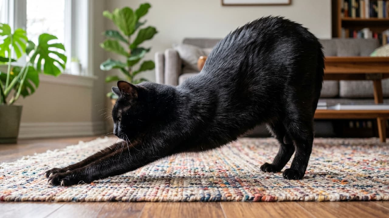 "Morning stretches are essential! 🧘‍♀️🐾 Starting the day right with some serious feline yoga. #BlackCat #CatYoga #MorningRoutine" Ultra-realistic high-quality photograph of a sleek black cat doing a deep stretch, similar to a downward dog pose, on a woven, multi-colored textured rug. The cat's glossy black coat contrasts beautifully with the colorful floor. The background shows a modern living room setting with a grey sofa, wooden coffee table, and large indoor plants bathed in soft window light.
