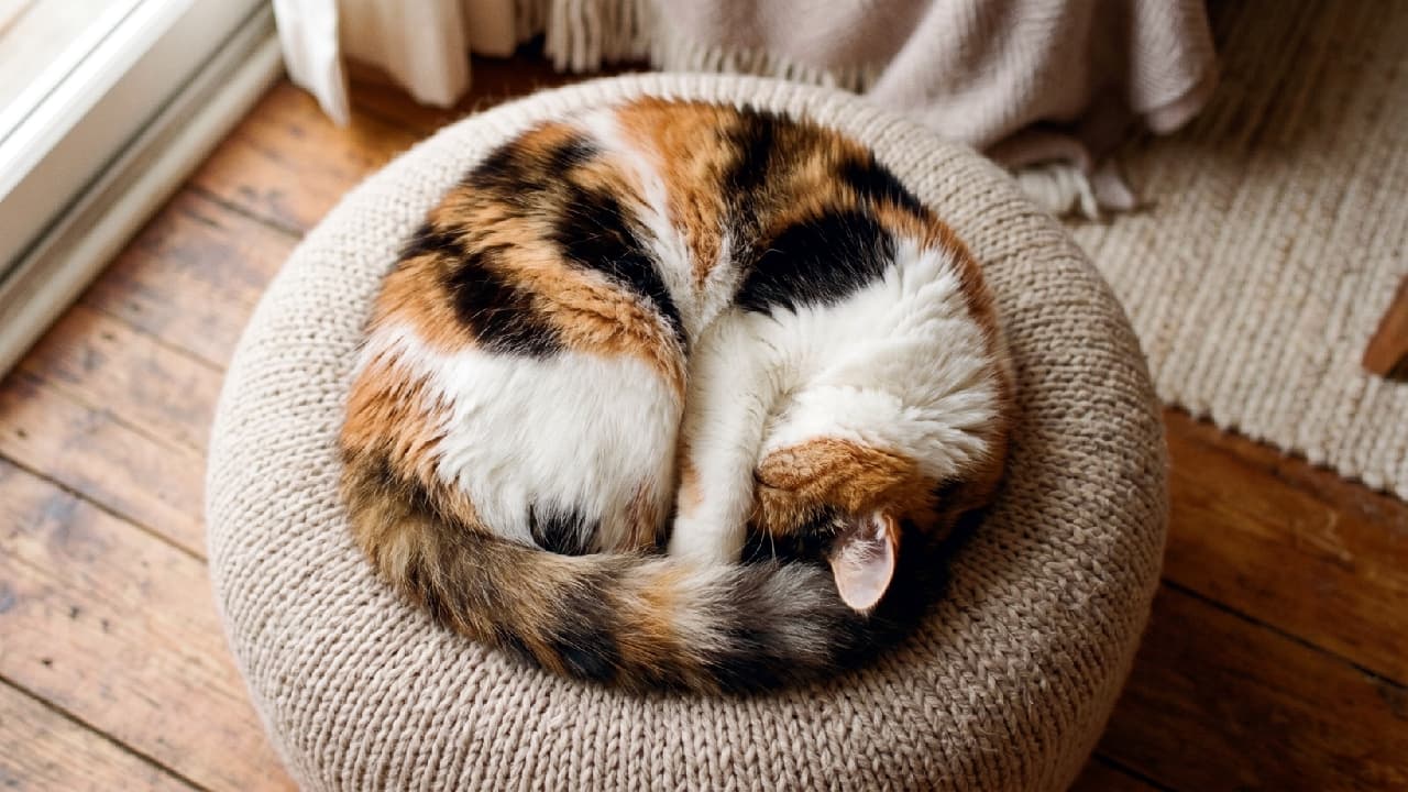 "The perfect feline croissant! 🥐🐈 Shh... please do not disturb the sleepy calico. #CalicoCat #CatNap #CozyHome" Ultra-realistic high-quality photograph of a beautiful calico cat curled up into a tight, perfect circle while sleeping on a beige chunky knit pouf. The cat's striking patchwork coat of orange, black, and white is richly textured. The setting is a cozy room with rustic wooden floorboards, featuring a softly blurred background with a woven rug and draped blankets.