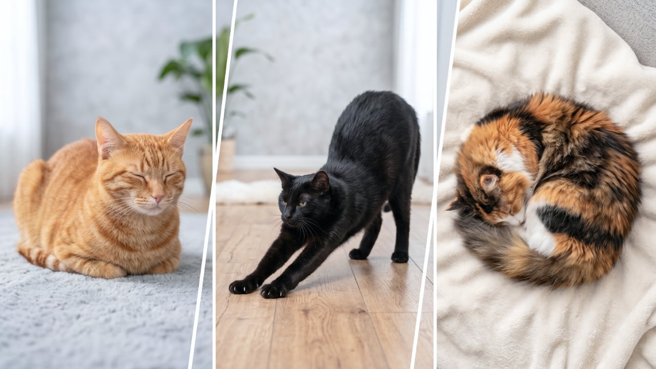 "The ultimate showcase of feline relaxation! 🍞🧘‍♀️🍩 From the perfect loaf to a deep stretch and a cozy curl. Which pose matches your mood today? #CatLoaf #CatStretching #CozyCats" Ultra-realistic high-quality triptych collage photograph showcasing three distinct cats in classic feline poses. The left panel features a ginger tabby cat resting peacefully with closed eyes in a perfect loaf position (Koubako-suwari) on a plush grey rug. The center panel captures a sleek black cat performing a deep, dynamic downward stretch on a light wooden floor. The right panel displays a beautifully patterned calico cat curled up tightly into a perfect circle on a soft white blanket. The natural, soft indoor lighting seamlessly connects the three scenes while enhancing the diverse coat textures.