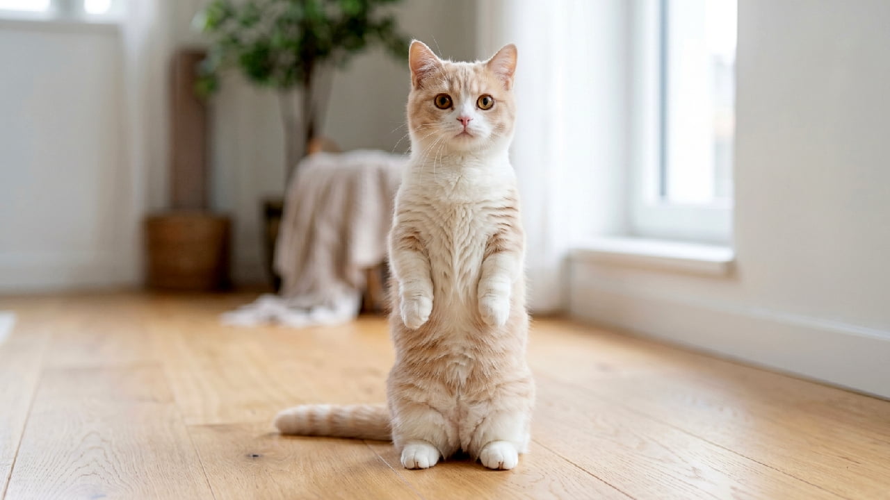 "Did someone say treats?! 🦒👀 Standing tall to get a much better view of the situation! #StandingCat #CuriousCat #CuteCats" Ultra-realistic high-quality photograph of a light cream and white tabby Munchkin cat standing straight up on its hind legs in a meerkat pose on a light oak wooden floor. The cat's front paws are tucked neatly against its chest, and it has a curious, wide-eyed expression. The background is a bright, airy, modern room with large windows, soft white curtains, and minimalist decor.