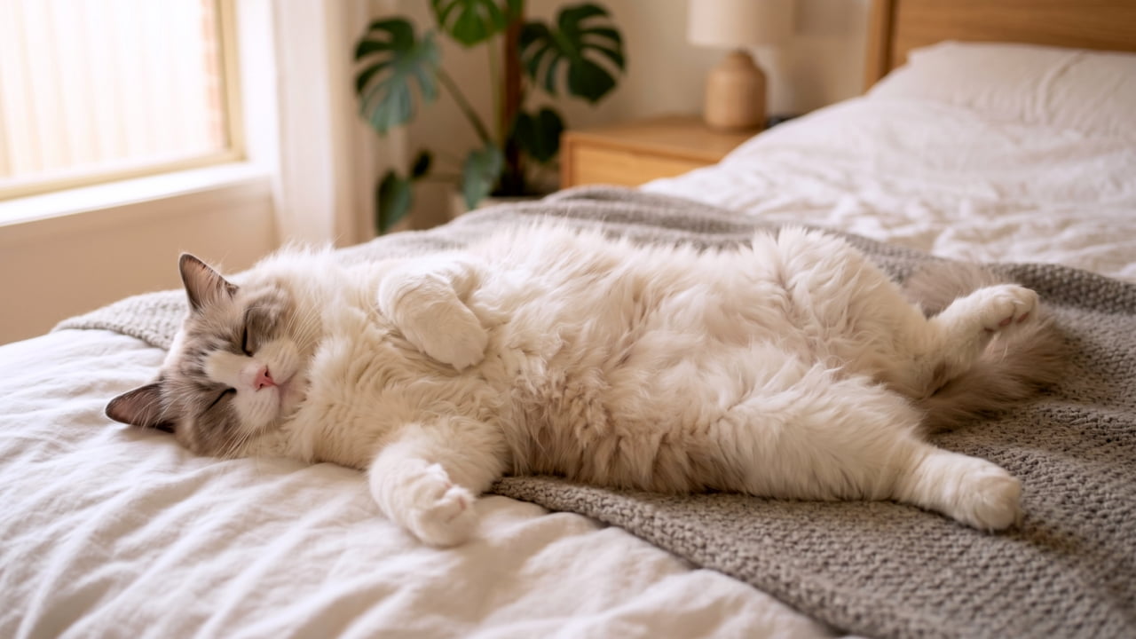 "Ultimate relaxation mode unlocked! ☁️💤 There is absolutely nothing better than a fluffy belly trap. #RagdollCat #SleepingCat #CozyVibes" Ultra-realistic high-quality photograph of a fluffy Ragdoll cat sleeping soundly on its back (belly up) on a cozy bed. The cat's luxurious white and grey fur is highly detailed, and its paws are adorably curled inward. The cat rests on a light grey knitted blanket over crisp white sheets. The softly out-of-focus background features a warmly lit bedroom with a wooden nightstand.