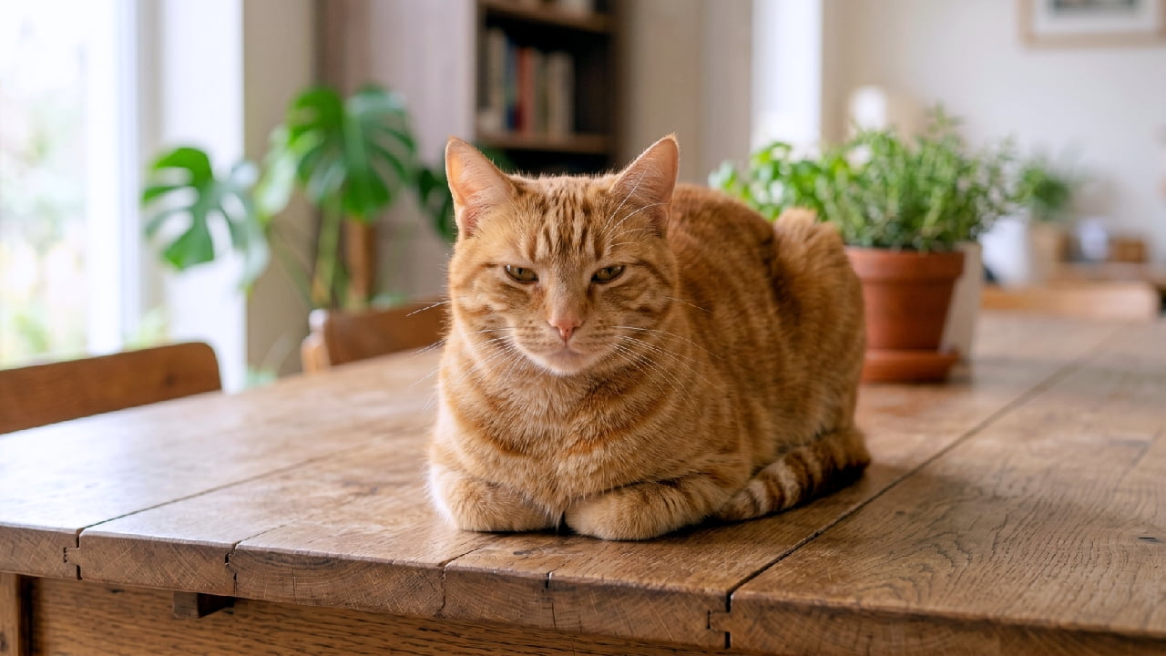 "Mastering the perfect cat loaf! 🍞✨ This handsome ginger tabby knows exactly how to relax. #CatLoaf #GingerTabby #CatLife" Ultra-realistic high-quality photograph of a ginger tabby cat resting on a rustic wooden table in a perfect loaf position (Koubako-suwari). The cat has a calm, slightly sleepy expression with its paws completely tucked in under its body. The background features a softly blurred bright room with lush green houseplants in terracotta pots, illuminated by warm, natural daylight.