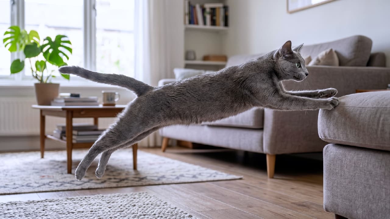 "Incoming! 🚀🐾 Perfect form, absolute focus, and a 10/10 jump! #RussianBlue #FlyingCat #ActionShot" Ultra-realistic high-quality photograph of a sleek, solid grey Russian Blue cat suspended mid-air, actively jumping towards a grey upholstered sofa. The cat's body is fully extended, showcasing its athletic build, with front paws reaching out to land safely. The background is a modern living room featuring a wooden coffee table, a green Monstera plant, and soft natural light streaming through a bright window.