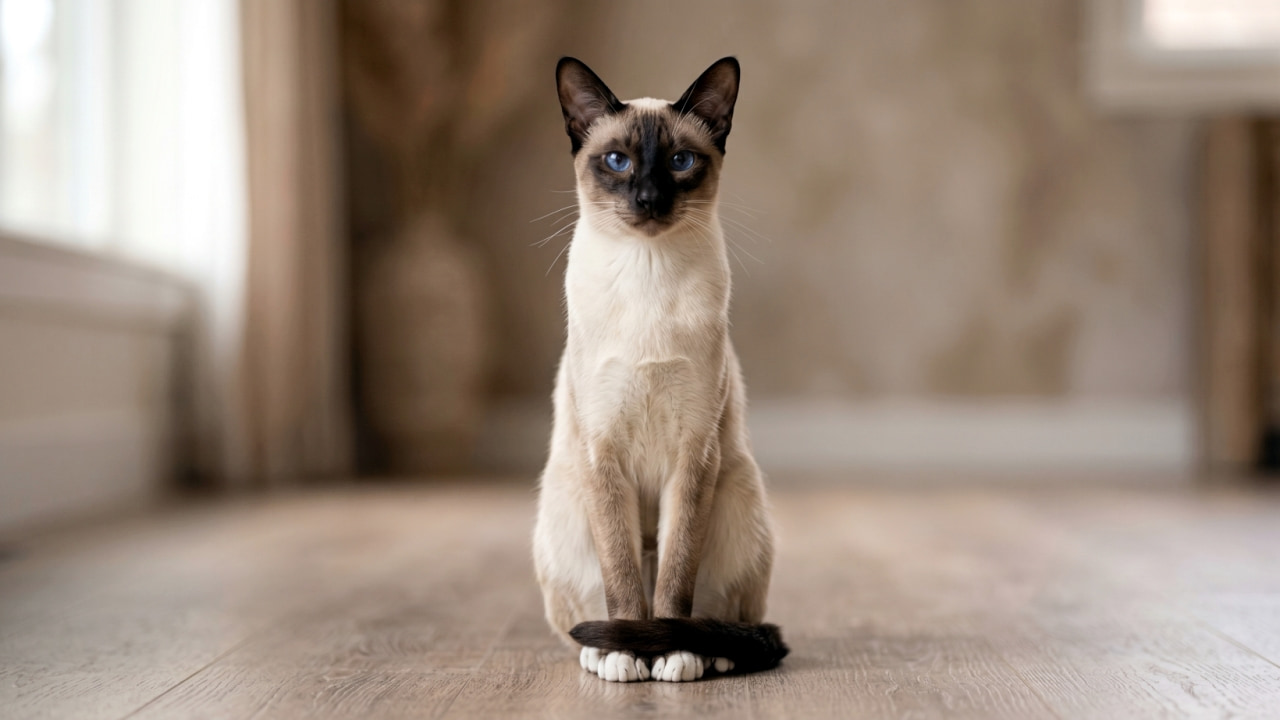 "Elegance personified. 💎✨ Those mesmerizing blue eyes see right into your soul! #SiameseCat #BlueEyes #FelineElegance" Ultra-realistic high-quality photograph of an elegant Siamese cat sitting perfectly straight on a light wooden floor. The cat's dark brown tail is neatly wrapped around its front paws. Its striking, bright blue eyes look directly and intensely at the camera. The background is a softly blurred, minimalist interior in muted beige tones, highlighting the cat's sleek silhouette and distinct color points.