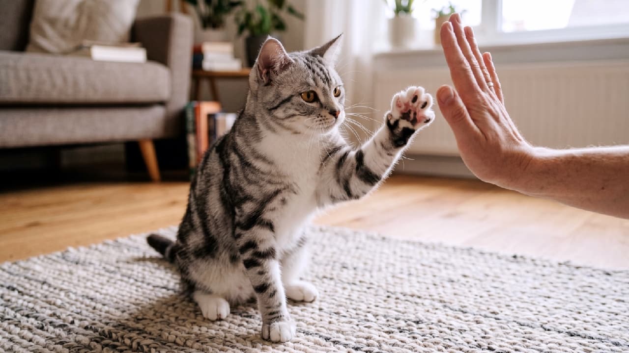 "High five, human! 🐾🖐️ Teamwork makes the dream work. #AmericanShorthair #HighFive #CatTricks" Ultra-realistic high-quality photograph of a silver tabby cat sitting on a textured rug, raising one paw to give a high-five to a human hand entering the frame from the right. The cat's grey and black striped coat is crisp and detailed, and its golden eyes are focused directly on the interaction. The background is a warm, inviting living room setting with a grey sofa and soft natural lighting.