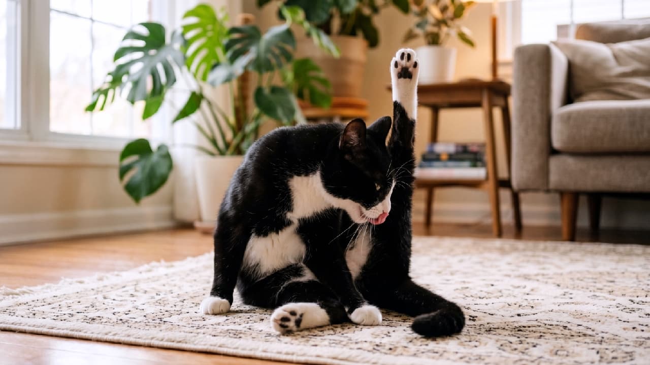 "Grooming level: Expert. 🎻🐾 Making sure every single spot is perfectly clean! #TuxedoCat #CatGrooming #FunnyCats" Ultra-realistic high-quality photograph of a black and white tuxedo cat sitting on a light-colored patterned rug, actively grooming itself. The cat is licking its side with one hind leg pointing straight up in the air in a comical posture. The background is a well-lit living room with a grey armchair, a wooden side table with books, and lush green potted plants.