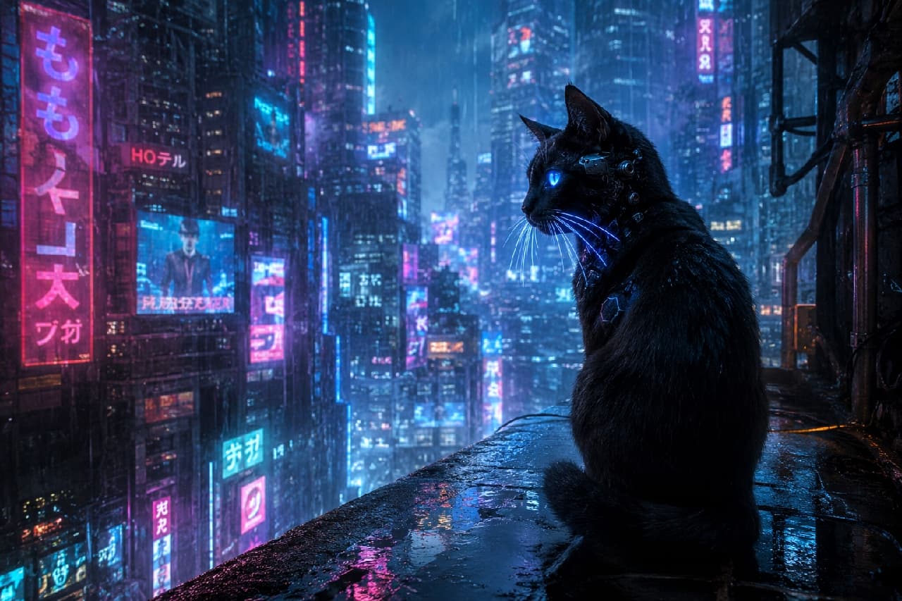 "A sleek black cat with a glowing cybernetic eye sitting on a rainy balcony overlooking a neon-drenched futuristic city at night." Ultra-realistic high-quality photograph of a cybernetically enhanced black cat sitting on a high ledge, overlooking a sprawling, rain-slicked cyberpunk metropolis. The cat has glowing blue eyes, luminous holographic whiskers, and neural implants on its neck. Its wet black fur reflects the vibrant neon signs of the dense, futuristic cityscape sprawling in the background.