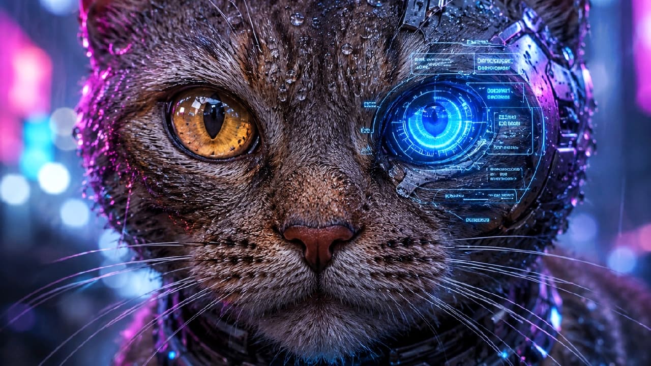"Close-up of a cybernetic cat's face with a glowing blue digital eye reflecting neon city lights and raindrops." Ultra-realistic high-quality photograph of a cybernetically enhanced tabby cat in a neon-drenched cyberpunk city. The feline features a natural amber right eye and a glowing blue holographic robotic left eye. Raindrops glisten on its highly detailed wet fur. It wears a high-tech collar labeled "DATA PORT" against a cinematic bokeh background of vibrant pink and blue neon lights.