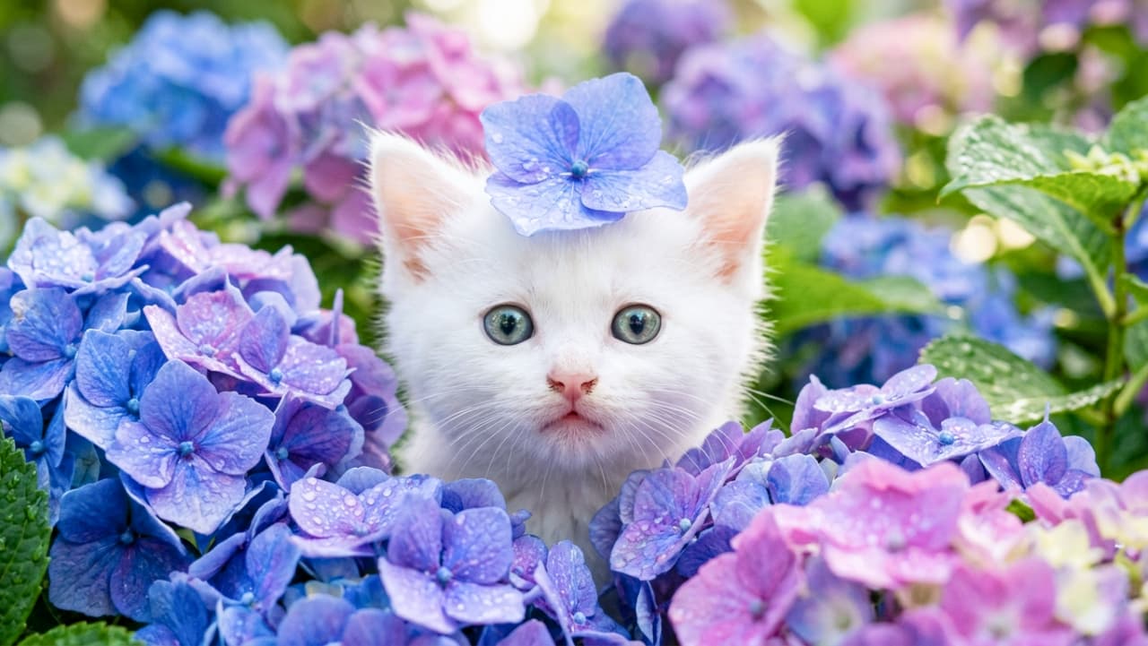 "The perfect floral crown doesn't exi— 🌸👑 Ready to stolen hearts this rainy season! #CatOfInstagram #FlowerPower" An ultra-realistic close-up portrait of a fluffy white kitten with big green eyes looking straight into the camera, featuring a single purple-blue hydrangea flower balanced adorable on its head amidst a background of wet petals.