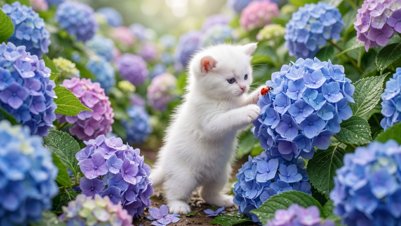 "Curiosity blossoms! 🐾 Spotting a tiny spotted friend in the hydrangea maze. ✨ #KittenLove #HydrangeaSeason #CuteAnimals" An ultra-realistic photograph of a fluffy white kitten with bright blue eyes standing in a lush garden of vibrant blue and purple hydrangeas, gently reaching its tiny paw towards a small red ladybug on a flower petal.