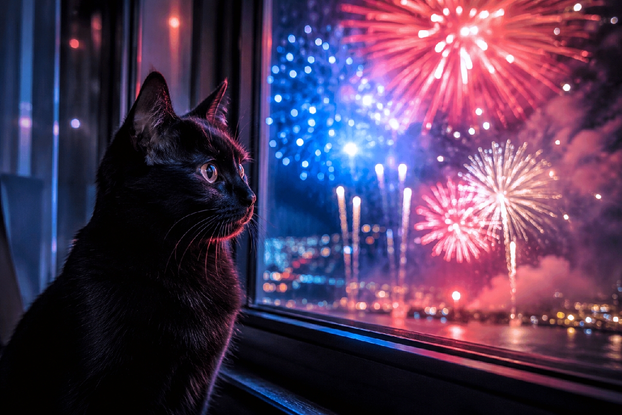 Ultra-realistic high-quality photograph of a sleek black cat sitting by a window in a dark room, quietly watching vibrant red and blue fireworks in the night sky. The neon colors of the fireworks beautifully reflect on its glossy black coat, creating a dramatic and romantic Independence Day night scene.