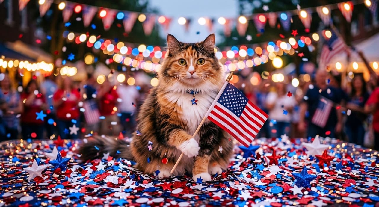An ultra-realistic, high-quality photograph of a fluffy long-haired Calico Tabby cat sitting at an outdoor night festival, holding a small American flag with its paw. The cat, with beautiful orange, black, and white striped fur and clear yellow eyes, looks directly at the camera. It wears a collar with a blue star pendant. The foreground is covered in red, white, and blue patriotic confetti, while the background features numerous red, blue, and white string lights forming a magical bokeh of colors, with a blurred crowd in the distance. The warm night lights illuminate this majestic and adorable scene.