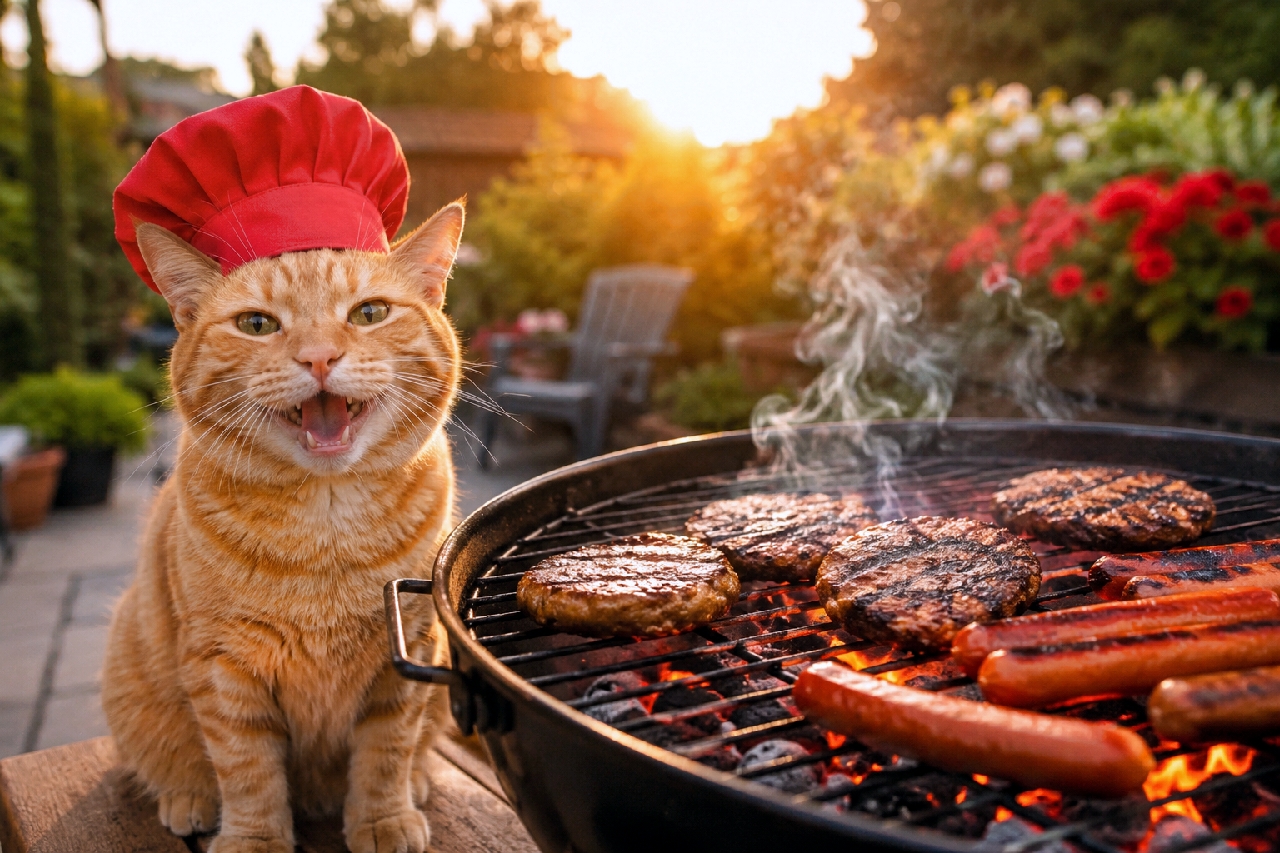 Ultra-realistic high-quality photograph of a smiling orange tabby cat wearing a red chef's hat, sitting next to a charcoal grill at a beautiful sunset. Savory smoke rises from grilling patties and hotdogs, while the golden backlighting makes the cat's orange coat and whiskers glow softly, capturing a vibrant summer evening.