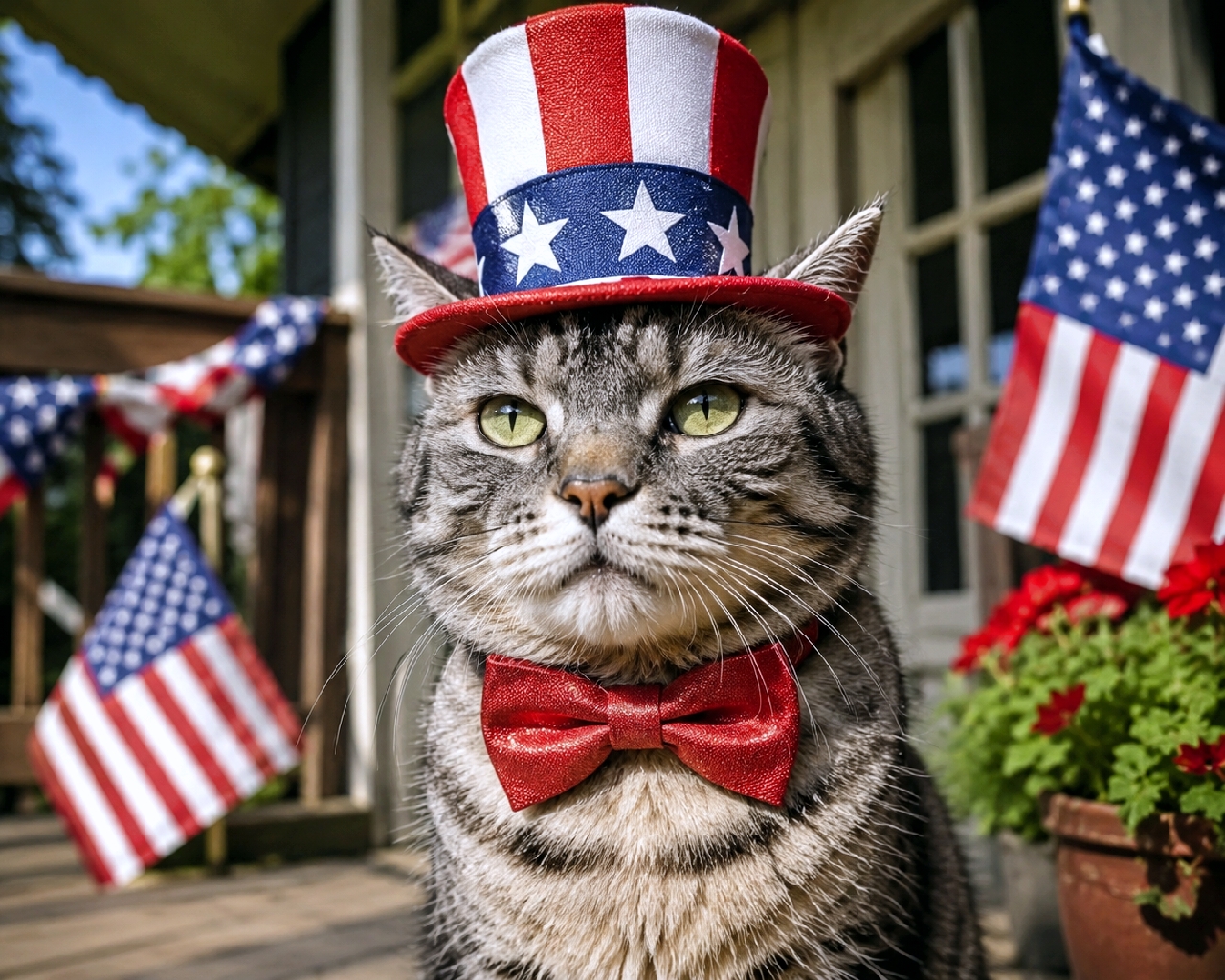 Ultra-realistic high-quality photograph of a handsome American Shorthair cat wearing an Uncle Sam-style US flag top hat and a sparkling red bow tie, staring confidently at the camera on a sunny porch decorated with American flags. The cat's intellectual green eyes and distinct M-shaped forehead mark create a majestic yet humorous patriotic portrait.