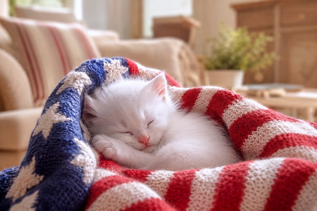 Ultra-realistic high-quality photograph. In a sunlit, warm living room, a fluffy, pure white kitten is deeply swaddled within a knit American flag blanket featuring red and white stripes and a blue star-spangled section. The kitten, with closed eyes and a small pink nose, is sound asleep in a peaceful pose. Its body is nestled into the blanket, contrasting its soft fur with the coarse knit texture. The blurred background shows a beige sofa and potted plants, conveying a cozy, peaceful post-celebration atmosphere.