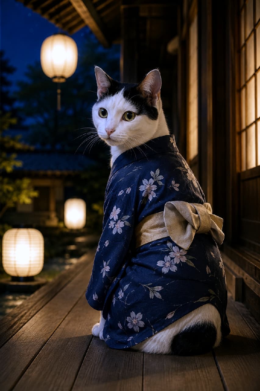 "Festival ready and looking fabulous! 👘✨ This stylish kitty is bringing all the summer night elegance. Ready to join the festivities? 🏮🐾 #YukataCat #SummerFestival" Ultra-realistic high-quality photograph of a sophisticated black-and-white (bicolor/mask-and-mantle) cat sitting gracefully on a traditional wooden porch (engawa) and looking back gracefully over its shoulder. The cat is wearing an exquisite dark blue Yukata elegantly adorned with delicate cherry blossoms and a crisp gold obi sash. Its clear, captivating green eyes and poised posture are highlighted by the soft, warm glow of traditional Japanese paper lanterns glowing beautifully in the softly blurred courtyard background.