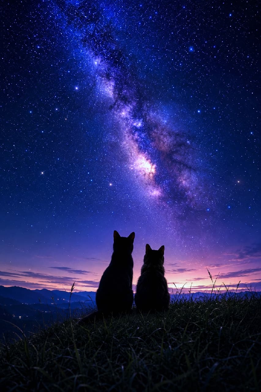 "A purr-fect night for stargazing with your best friend! 🌌✨ Look up at the glowing sky and make a wish together. 🐾💕 #StarryNight #CatLife" Ultra-realistic high-quality photograph of two cats sitting side-by-side in silhouette against a breathtakingly vivid night sky. The spectacular Milky Way galaxy stretches across the heavens, glowing in rich deep purples and vibrant blues, with a subtle twilight gradient at the distant mountain horizon. The cats are perched on a softly textured grassy hill, completely captivated by the cosmic display above, creating a serene, romantic, and awe-inspiring aesthetic.