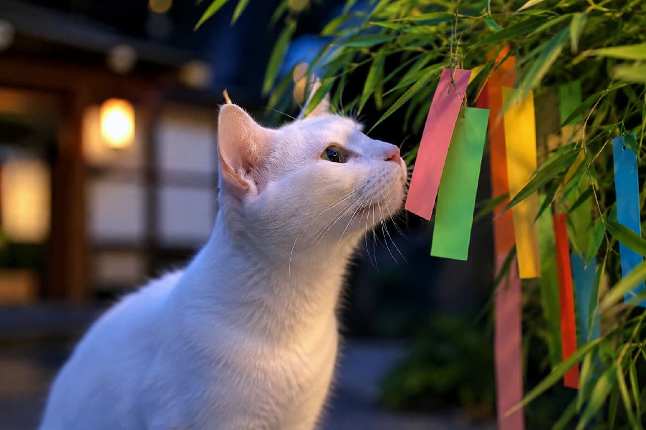 "Wishing upon a star... and a bamboo branch! 🎋✨ What do you think this beautiful kitty is wishing for tonight? 😻🐾 #TanabataWishes #WhiteCatLove" Ultra-realistic high-quality photograph of an elegant, short-haired pure white cat looking up intently and curiously at a lush bamboo branch. The branch is festively decorated with colorful Tanabata wish slips (tanzaku) in vivid pink, green, yellow, and blue. The cat's striking green eyes and pristine white coat are softly illuminated by warm ambient light. The beautifully blurred background reveals a traditional Japanese house with a glowing paper lantern, adding rich cultural depth and a nostalgic summer evening vibe.