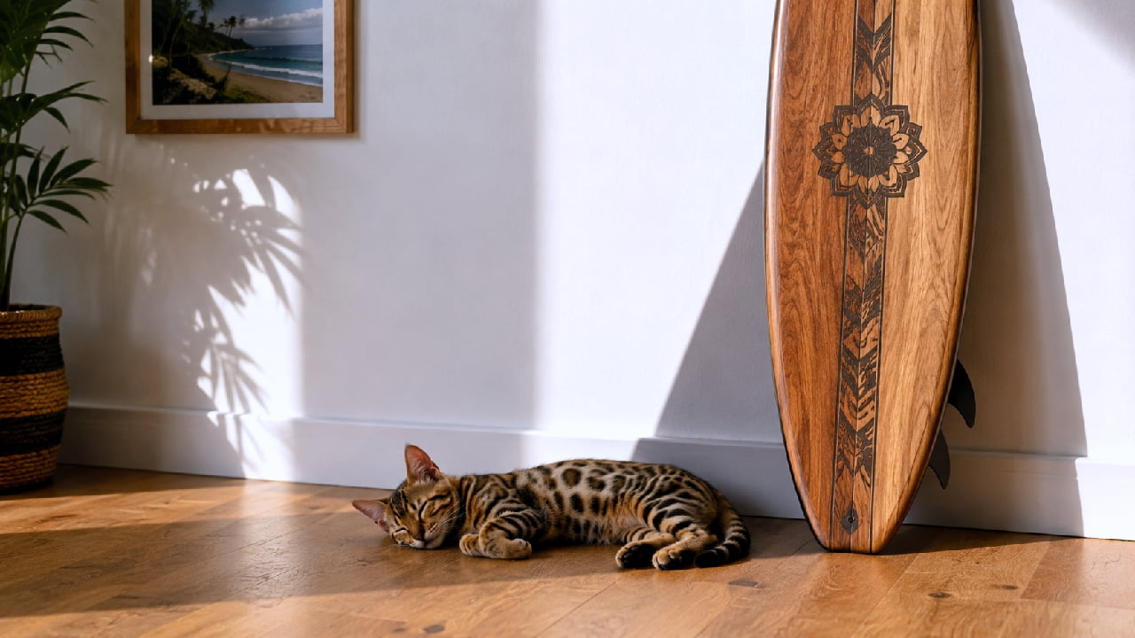 "Catching dreams instead of waves today 🌊 This little Bengal tiger is resting up for the next big adventure. Share this with your favorite beach buddy! 🏄♂️🐆" An ultra-realistic high-quality photograph of a Bengal kitten sleeping peacefully on a warm, polished hardwood floor. The kitten exhibits striking, distinct dark rosettes and spots on its golden-brown fur coat, lying stretched out parallel to a beautiful, polished wooden surfboard with intricate mandala and tribal engravings leaning against a clean white wall. Natural sunlight pours from the side, casting dramatic shadows of a palm plant on the wall, capturing a perfect bohemian, coastal-chic interior.