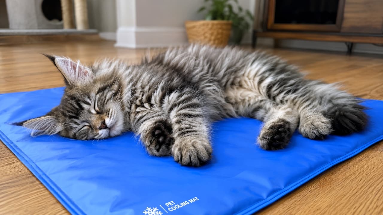 "Beat the heat in style! ❄️ This fluffy Maine Coon kitten is having the coziest dreams on its favorite cooling mat. Drop a ❤️ if you love fluffy paws! 🐈✨" An ultra-realistic high-quality photograph of a fluffy, long-haired Maine Coon kitten sleeping soundly on its side across a bright blue pet cooling mat laid on a polished wooden floor. The kitten features rich brown and grey tabby fur with dramatic tufted ears and thick, dark paws. The text "PET COOLING MAT" with a snowflake icon is clearly visible on the corner of the mat. The background captures a beautifully blurred modern living room with a cat tree and a woven basket plant, emphasizing comfort and summer pet care.