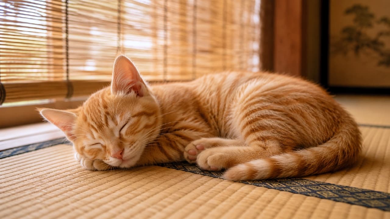 "Sun-kissed and dreaming on tatami mats 🌾 Finding absolute peace in the warmth of a quiet afternoon. Sending you cozy vibes for the day! ☀️🐾" An ultra-realistic high-quality photograph of a small ginger tabby kitten curled up and sleeping soundly on a traditional Japanese tatami mat. The kitten has soft, bright orange and cream striped fur, a pink nose, and delicate whiskers. Warm, filtered golden sunlight streams through a bamboo blind (sudare) in the background, casting soft linear shadows across the scene. A glimpse of a traditional fusuma sliding door with a faint pine tree painting is visible in the soft-focus background, creating a nostalgic, peaceful atmosphere.