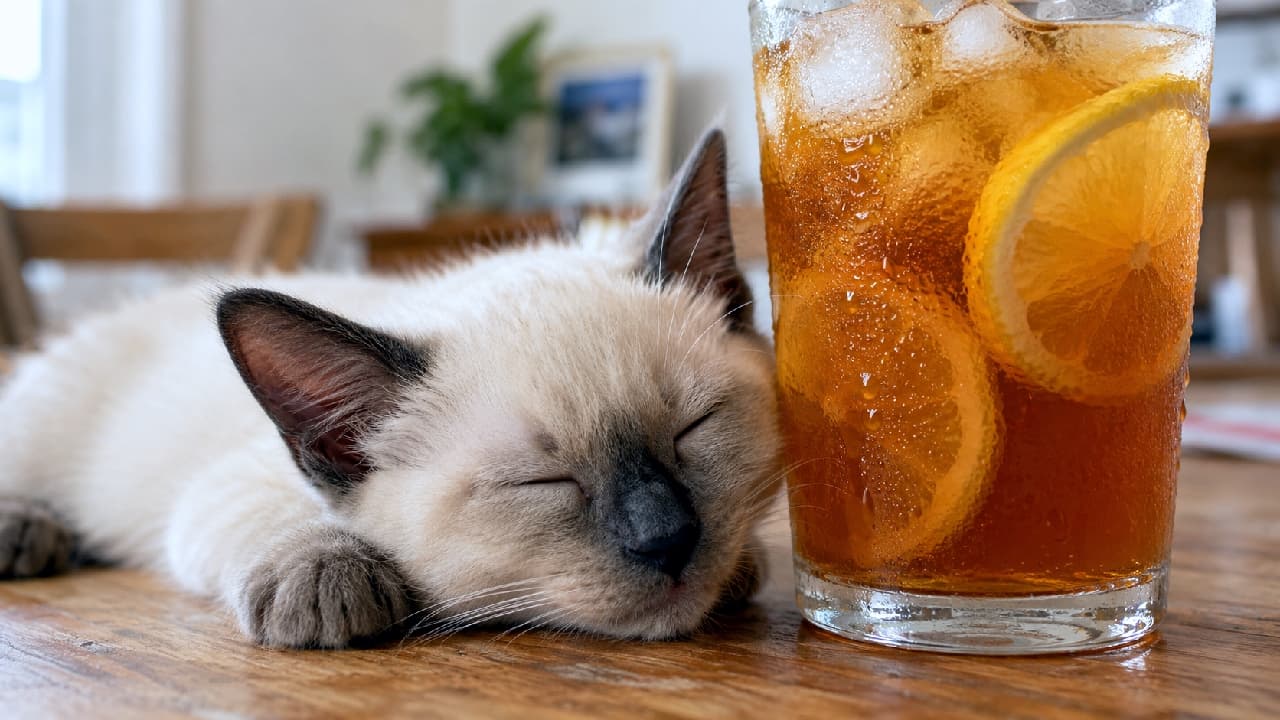 "Chilling out on a warm afternoon 🍋 This sleepy Siamese kitten found the coolest spot next to a refreshing iced tea! Double tap if you need a lazy break too! ☀️🐾" An ultra-realistic high-quality photograph of a Siamese-mix kitten peacefully sleeping on a rustic wooden table. The kitten has creamy white fur, dark brown point coloration on its ears, nose, and paws, and its eyes are closed in deep sleep. Its head is leaning gently against a tall, condensation-covered glass filled with amber iced tea, ice cubes, and fresh lemon slices. The background is softly out of focus, showing a cozy, sunlit room with indoor plants and wooden chairs, evoking a refreshing and lazy summer afternoon.