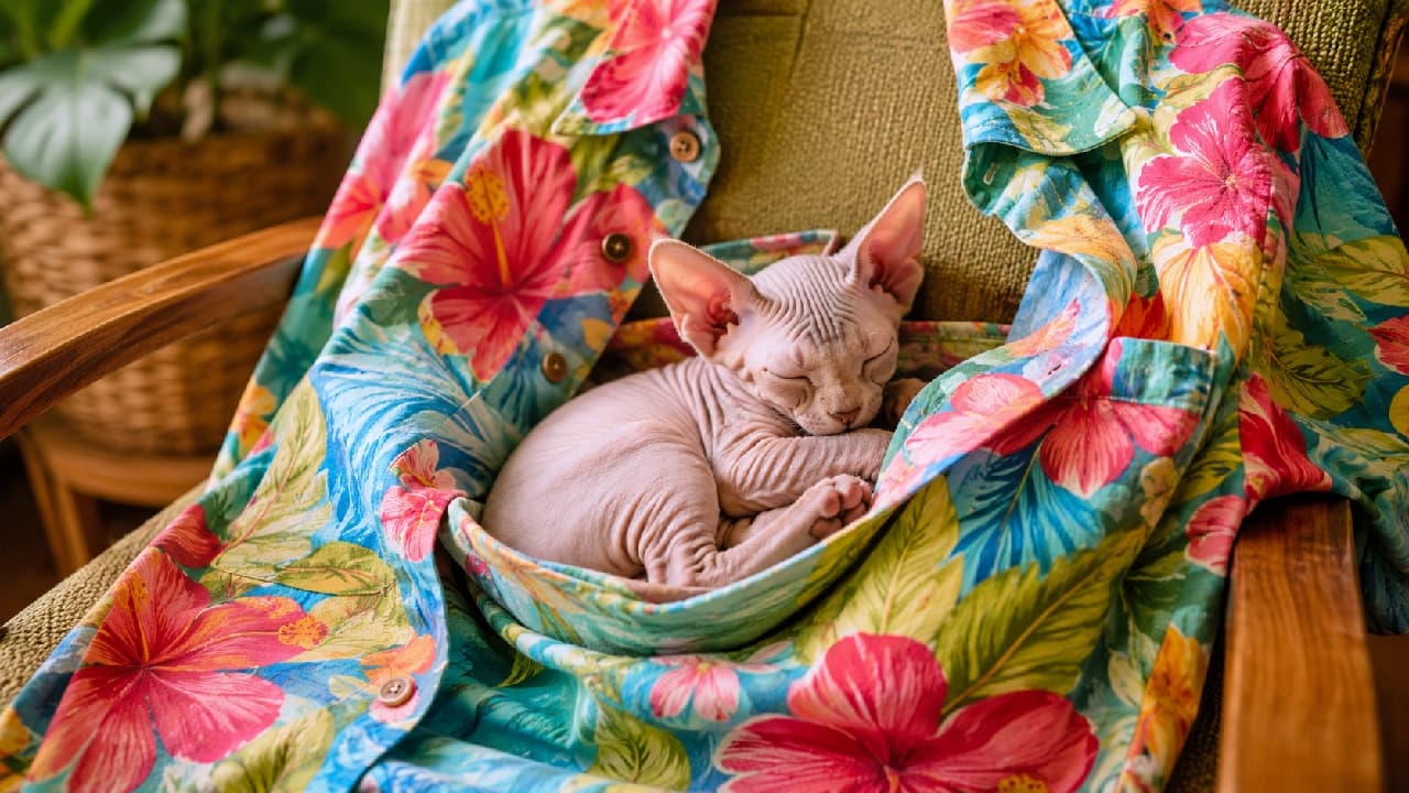 "Vacation mode: ACTIVATED! 🌺 This tiny Sphynx found the coziest tropical hideaway in this vibrant aloha shirt. Who else needs a nap like this? #KittenLife #SphynxLove #TropicalVibes #VacationCats #KittenCuddles" An ultra-realistic high-quality photograph, capturing a hairless Sphynx kitten curled up deeply and sleeping blissfully within the bundle of a colorful Hawaiian-style shirt. The shirt has a vibrant pattern of red hibiscus flowers, teal leaves, and yellow accents. The kitten’s wrinkled pink skin, prominent ears, and small paws are highlighted as it rests in the shirt’s pocket-like fold. The setting appears to be a warm interior, with an upholstered green chair arm and a woven basket visible in the softly blurred background. Warm, natural sunlight illuminates the scene, emphasizing comfort and the unique texture of the kitten.