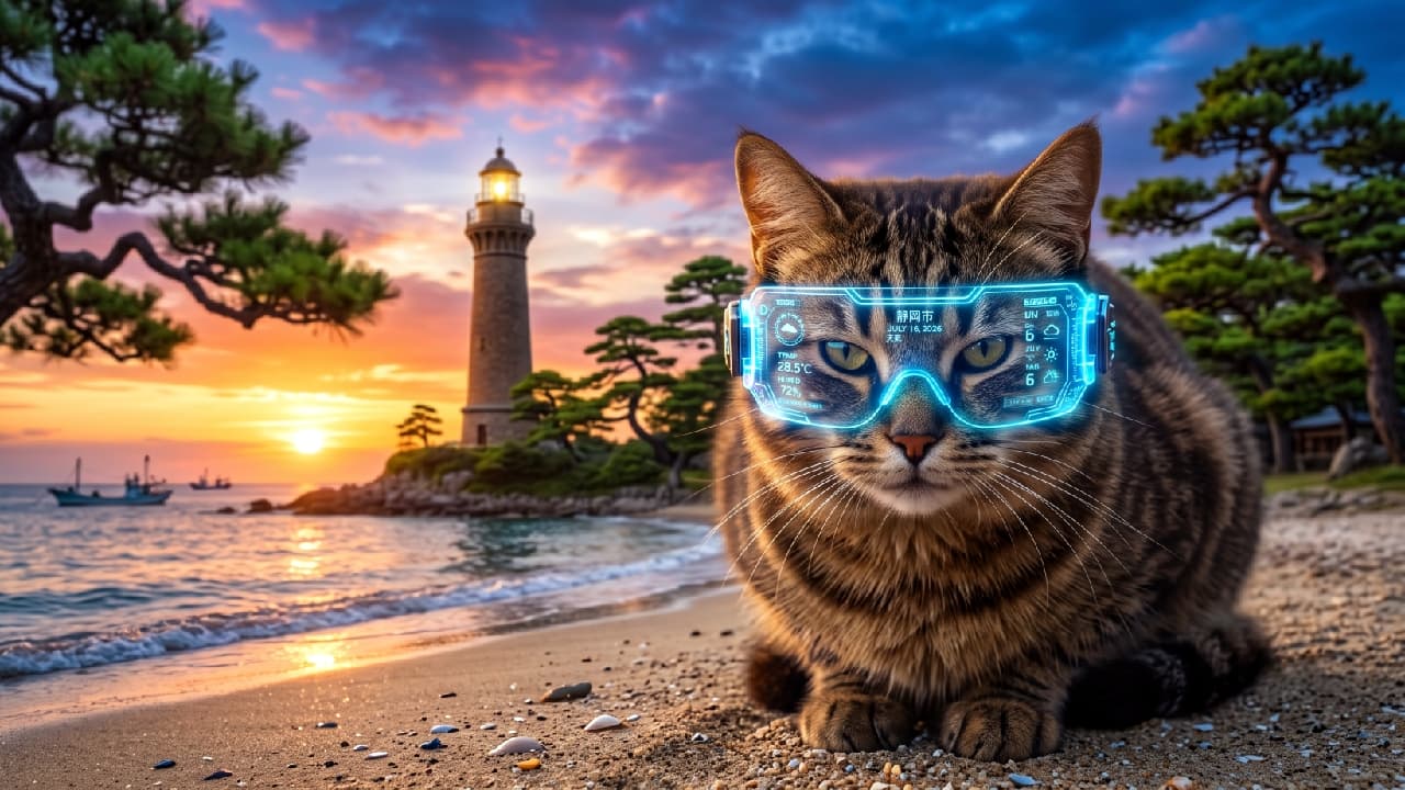 "Future vision engaged! 🕶️🌅 Scanning the sunset beach for the perfect relaxing spot. The cyber summer vibes are real! 🏖️🐈 #CyberpunkCat #SunsetVibes #FutureSummer" Ultra-realistic high-quality photograph of a handsome brown tabby cat resting on a sandy beach during a breathtaking golden-hour sunset. The cat is wearing futuristic, glowing blue holographic goggles that display weather data. Its intricate mackerel tabby stripes and focused golden eyes, visible through the high-tech visor, contrast beautifully against the warm, romantic background featuring a classic stone lighthouse, twisted pine trees, and calm, sparkling ocean waves.