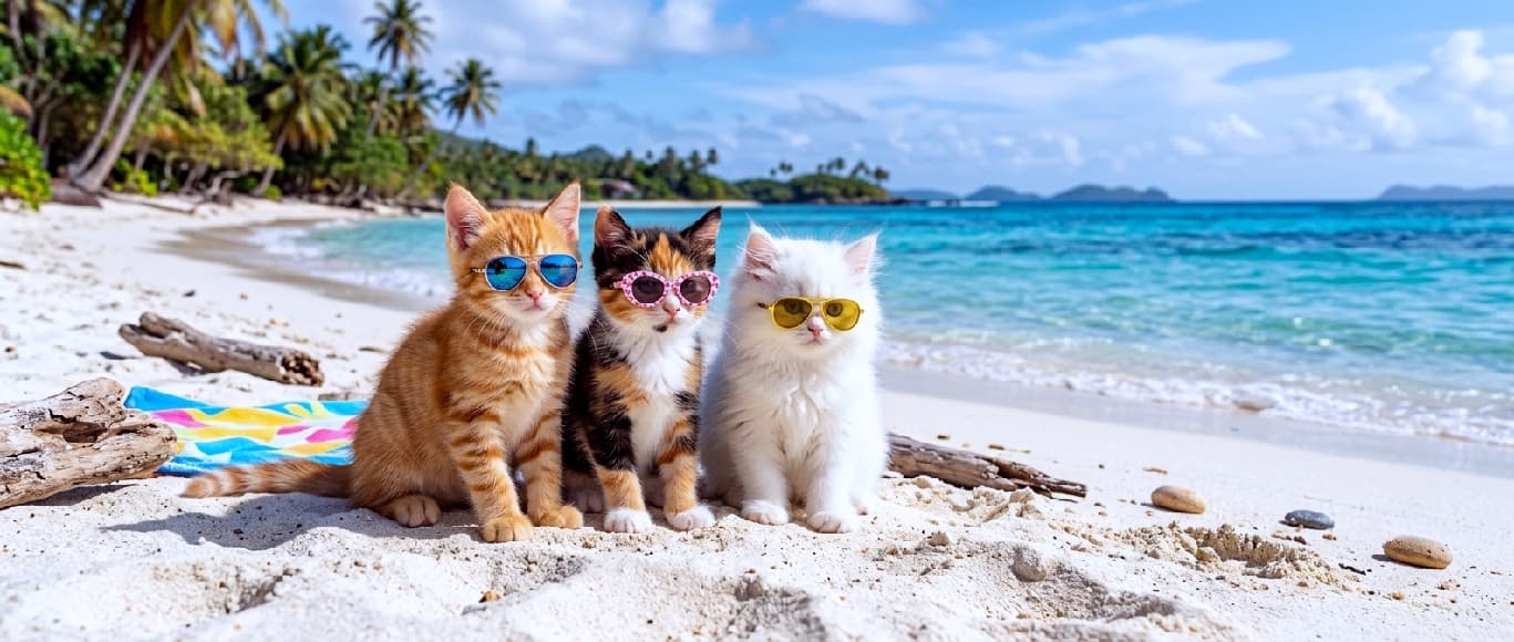 Ultra-realistic high-quality cinematic photograph of three cool kittens sitting on a white sandy beach by a piece of driftwood and a colorful beach towel, with lush tropical islands in the background. From left to right: a ginger tabby wearing blue aviator sunglasses, a calico with patterned pink sunglasses, and a fluffy white cat with yellow sunglasses. The crisp shadows from the bright sunlight and the detailed clear waves create a stunning, lifelike summer scene.