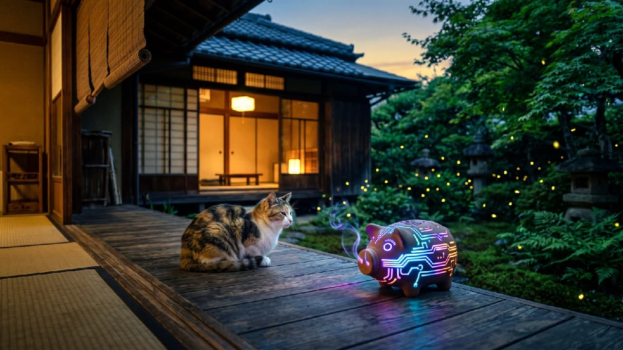"A nostalgic yet futuristic summer night 🌌🐈 Chilling out on the veranda with some high-tech mosquito repellent! Do you prefer the past or the future? 🏮✨ #SummerNight #RetroFuture #EngawaRelax" Ultra-realistic high-quality photograph of a charming mackerel tabby-and-white cat sitting peacefully on the wooden veranda (engawa) of a traditional Japanese house at twilight. Beside the cat is a futuristic, glowing pig-shaped mosquito coil holder (kayaributa) adorned with neon circuit board patterns, emitting wisps of luminous purple and blue smoke. The serene background features a lush Japanese garden softly illuminated by the warm, glowing lights from inside the sliding doors and magical yellow fireflies dancing in the foliage.