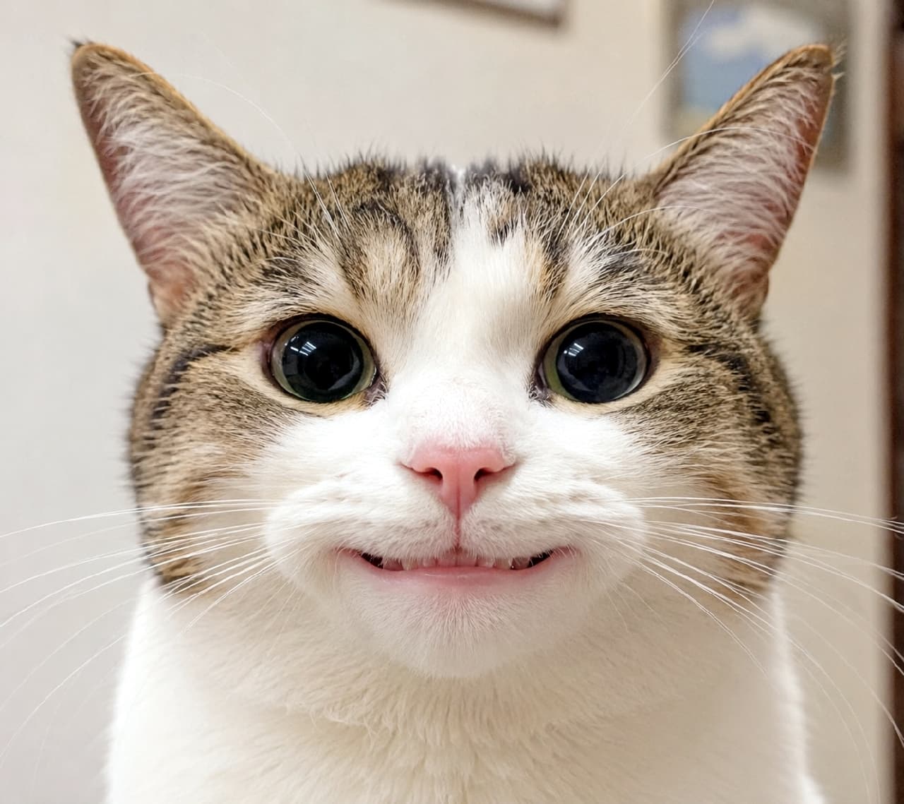 "Me trying to act normal when taking a selfie... 😬📸 That mischievous smile is priceless! Rate this grin from 1 to 10! 😸✨ #SmirkingCat #CatSmile #FunnyCatFace #MemeMaterial #CuteAndWeird" An ultra-realistic high-quality close-up photograph of a domestic bicolor cat with brown tabby markings on its head and ears, and a pristine white face and neck. The cat displays an extraordinarily funny human-like grin, stretching its mouth into a wide, awkward smile showing tiny front teeth. Its giant, dilated dark eyes look directly into the camera, giving it a cheeky, slightly uncanny yet hilarious expression against a soft indoor background.