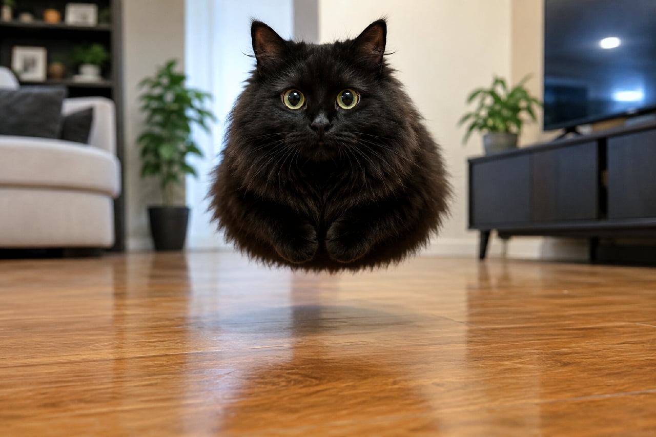 "UFO sighting confirmed: Unidentified Floating Object... and it wants treats! 🛸🖤 Hover-mode activated! Would you press restart? 😼✨ #HoverCat #BlackCatMagic #MeowUFO #CatLoaf #SurrealArt" An ultra-realistic high-quality photograph shot from a dramatic low angle, showcasing a magnificent fluffy black cat floating low above a polished oak hardwood floor. The cat hovers perfectly round like a dark cosmic orb, with its front paws neatly tucked underneath and thick black fur fanning out around its body. Its striking yellow-green eyes are locked straight ahead in intense focus. The background reveals a cozy, warm-toned living space with a dark TV stand and vibrant indoor houseplants softly blurred in the shallow depth of field.