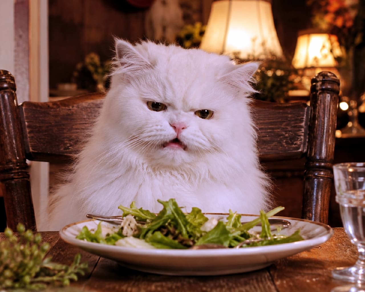 "When you ordered a juicy steak but got a green salad instead... 🥗😾 This fluffy royalty is definitely NOT impressed with green vegetables! 😂✨ #MemeCat #PersianCat #SaladCat #FunnyPets" An ultra-realistic high-quality photograph of a fluffy white Persian cat seated at a rustic wooden dining table, staring down with a hilariously disgusted expression at a ceramic plate full of fresh green salad. The longhair cat features a squished face, squinted golden-brown eyes, and a slightly open mouth expressing pure disapproval. Warm ambient lighting from background lamps bathes the dining room scene in rich, golden tones, creating a cozy cinematic atmosphere reminiscent of iconic internet memes.