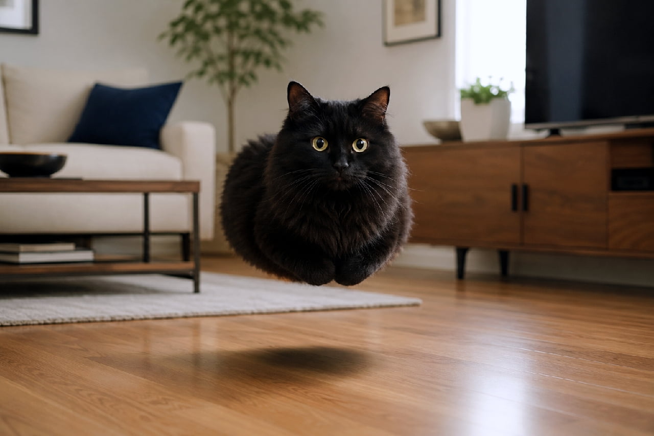 "Gravity? Never heard of her! 🐾✨ This magical floating void has unlocked secret anti-gravity powers! Rate this 10/10 loaf levitation! 🛸🐈 #FloatingCat #VoidCat #CatMagic #SurrealPets #BlackCatEnergy" An ultra-realistic high-quality photograph of a fluffy, long-haired black cat levitating seamlessly in mid-air in the center of a warm, modern living room. The cat is tucked into a perfectly symmetrical "loaf" position with its paws folded underneath, staring directly at the camera with wide, curious golden-green eyes. A soft, distinct shadow is cast directly beneath it on the polished hardwood floor, reinforcing the surreal levitation effect. The background features a stylish beige sofa, a wooden coffee table, a sleek side cabinet, and an indoor potted plant bathed in soft natural daylight.