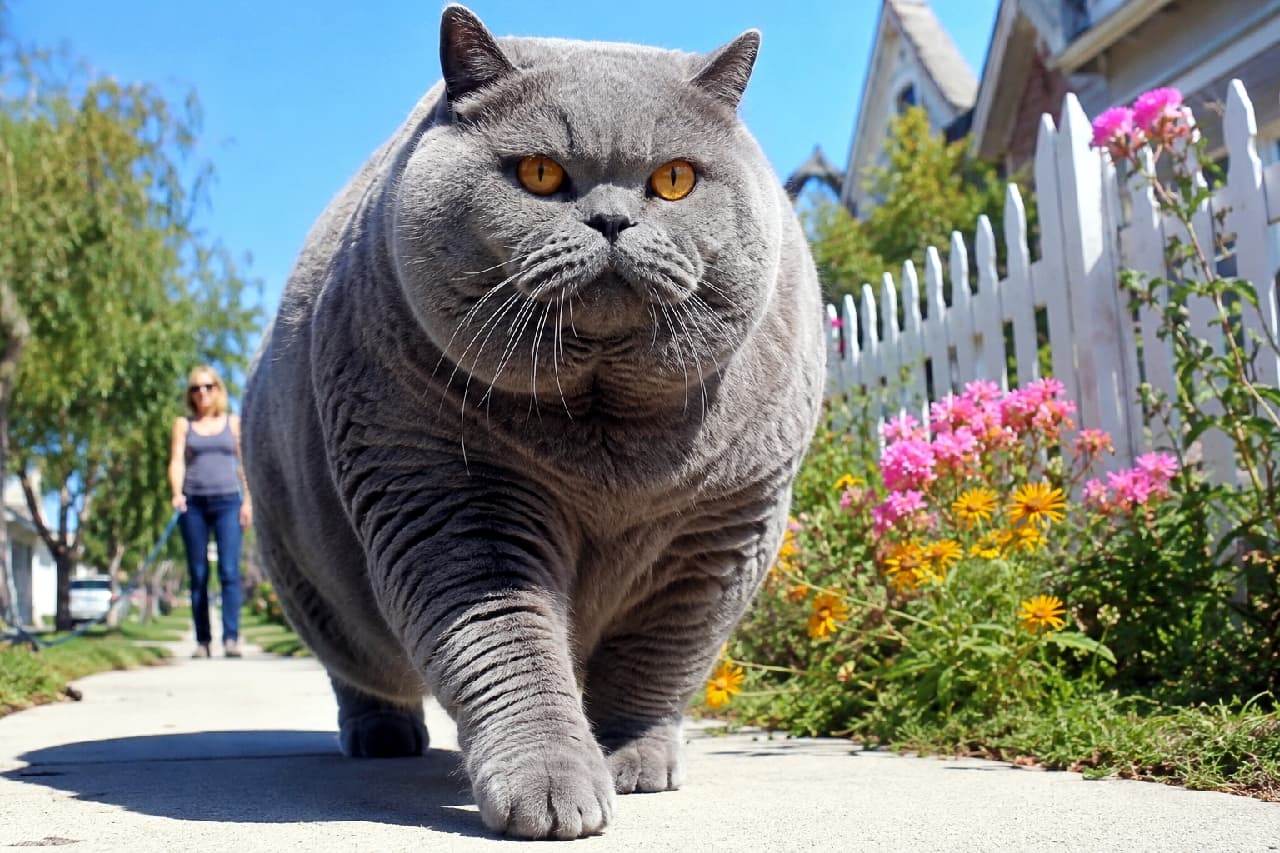 "Giant Czilla takes the neighborhood for a stroll! 🐾☀️ When your British Shorthair outgrows the entire street but still expects daily walks! 🏙️😼 #Czilla #GiantCat #BritishShorthair #SurrealPets #ChunkyCat" An ultra-realistic high-quality photograph depicting a surreal, giant blue British Shorthair cat walking confidently down a sunny suburban sidewalk. The oversized cat boasts dense, plush slate-gray fur, a massive round face with chubby cheeks, and intense copper-orange eyes. In the far background, a tiny human figure walks behind it holding a leash, accentuating the cat's colossal scale. Bright yellow and pink flowers bloom along a white picket fence on the right under a clear blue sky.