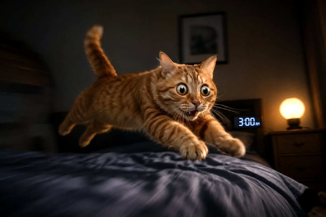 "POV: It’s 3:00 AM and your cat decides it’s time for the Olympic long jump! 🚀🐈 Orange cat energy is operating at 100% capacity tonight! Who else lives with a midnight sprinter? 🌙⚡ #3AMZoomies #OrangeCatBehavior #GingerCat #CatLife" An ultra-realistic high-quality photograph capturing an energetic ginger orange tabby cat frozen in mid-air as it leaps dynamically across a dark navy bed. The cat features wide, dilated golden eyes, an open mouth, and front paws outstretched toward the camera in full late-night "zoomies" mode. The background shows a dimly lit bedroom setting with a digital nightstand clock displaying "3:00 AM" and a warm, glowing bedside lamp that casts dynamic highlights across the cat's vibrant striped coat.