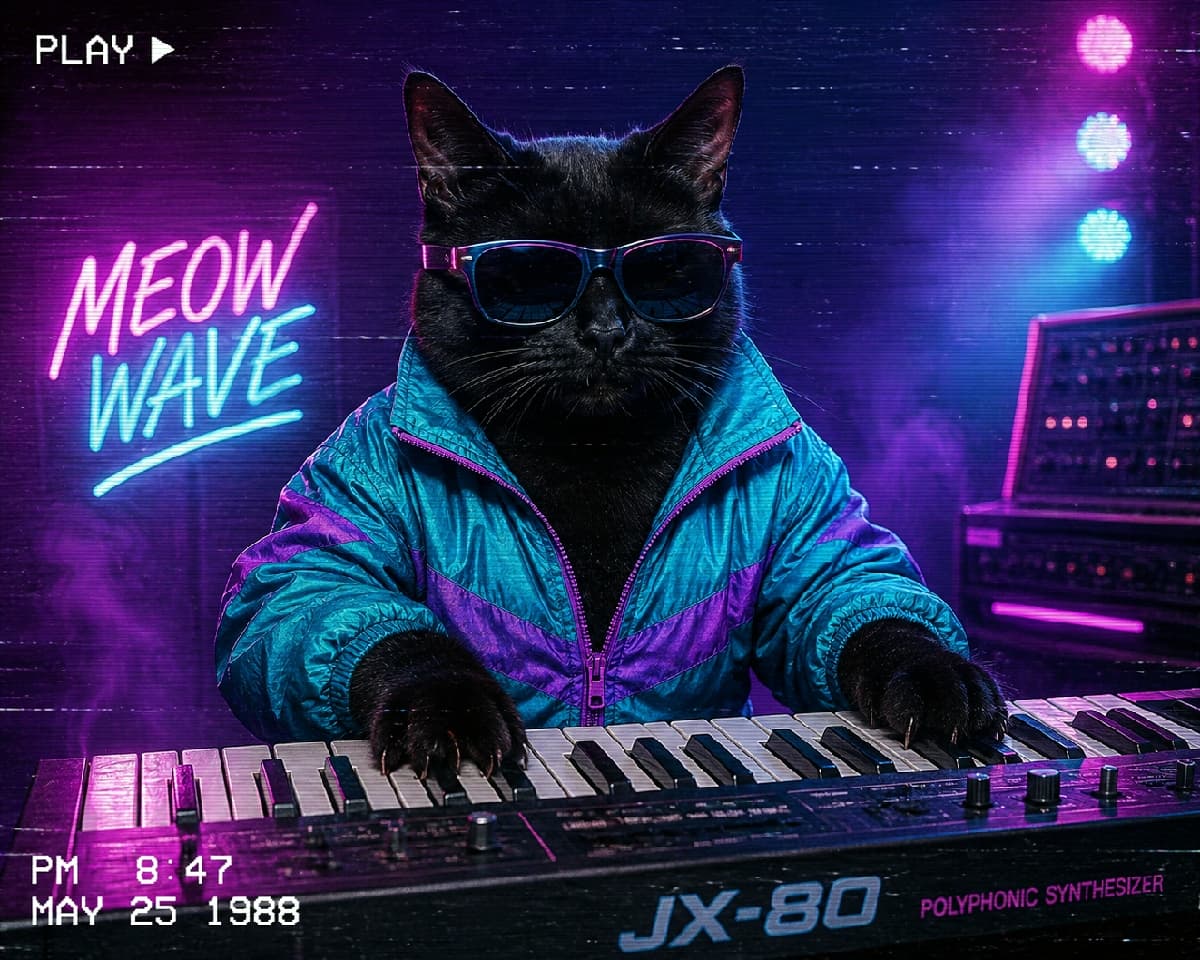 "Dropping the hottest synthwave track of 1988! 🎹🎶 Cool cat on the keys bringing all the retro vibes tonight! Turn up the volume! 🪩✨ #Synthwave #RetroCat #MeowWave #80sVibes #CoolCat" An ultra-realistic high-quality photograph featuring a cool black cat styled in 1980s retro synthwave fashion. The cat is wearing dark aviator sunglasses and a bright turquoise and magenta nylon windbreaker jacket while playing a vintage "JX-80 Polyphonic Synthesizer" keyboard. Illuminated by glowing neon signs reading "MEOW WAVE" and vibrant purple and blue stage spotlights, the background exudes a nostalgic cyberpunk vibe, complete with a classic VHS screen overlay displaying "PLAY ▶ PM 8:47 MAY 25 1988".