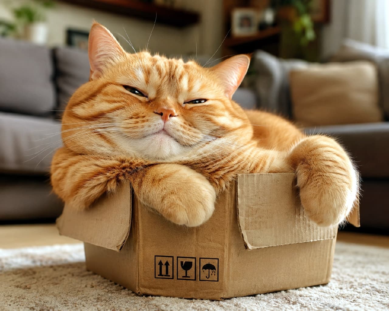 ""If I fits, I sits!" 📦😼 Nothing in the world beats the luxury of a giant cat squeezes into a tiny cardboard box! Pure satisfaction right here. 💕 #IfIFitsISits #GingerCat #BoxCat #CuteOverload" An ultra-realistic high-quality photograph of a chubby ginger tabby cat, reminiscent of a British Shorthair, happily squeezed into a tiny brown cardboard box. The cat has a smug, content expression with squinted eyes and plush round cheeks resting over the cardboard edges, accompanied by its soft paws hanging over the front. The cardboard box displays printed shipping icons (fragile, handle with care). The warm living room background shows a soft gray sofa and beige rug bathed in natural indoor light.
