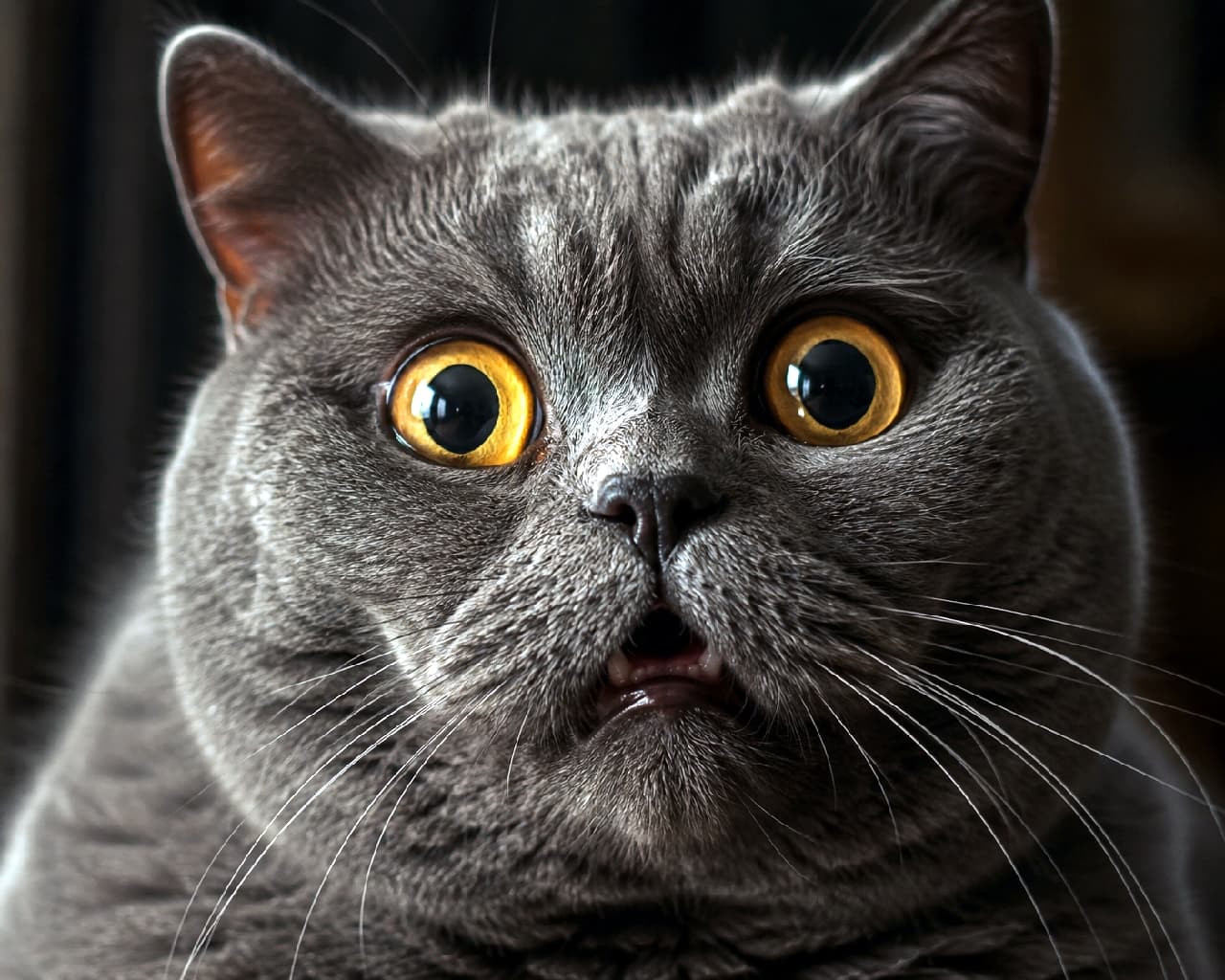 "The exact moment you realize tomorrow is Monday... 🙀⚡ That shocked face is 100% relatable! What do you think he just saw? Tell us below! 👇😹 #ShockedCat #BritishShorthair #CatMemes #FunnyPets #RelatableMoments" An ultra-realistic high-quality close-up portrait of a British Shorthair cat with a hilariously shocked expression. The cat has thick, velvety slate-gray fur, wide-open circular copper eyes with huge pupils, and a small open mouth revealing tiny lower teeth in complete disbelief. Dark, dramatic studio portrait lighting highlights the dense texture of its plush coat and individual white whiskers, set against a dark moody backdrop.