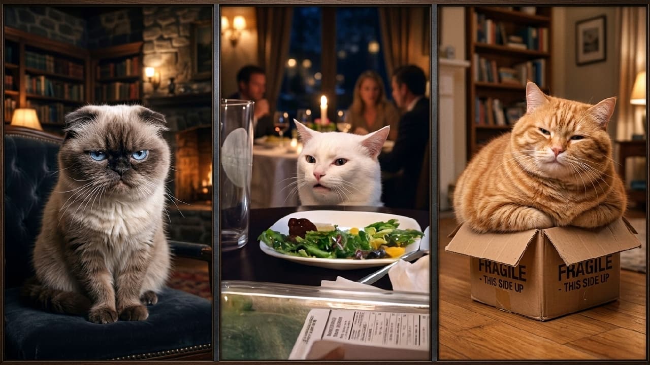 "Three iconic cat moods in one epic cinematic masterwork! 🎬😼 Which panel represents your vibe today? Left, Middle, or Right? Drop your number below! 🍿👇 #CatMemes #CinematicCats #MemeMultiverse #MoodBoard #CatLife" An ultra-realistic high-quality triptych composite photograph featuring three cinematic panels of iconic cat scenarios. The left panel shows a stern colorpoint Scottish Fold cat sitting moodily on a dark blue velvet armchair in a warm, stone-walled library with a burning fireplace. The center panel depicts a white cat sitting at a candlelit restaurant table looking confusedly at a plate of green salad, echoing famous internet meme aesthetics. The right panel features a smug orange tabby cat comfortably squished into a cardboard box labeled "FRAGILE - THIS SIDE UP" on a wooden floor.