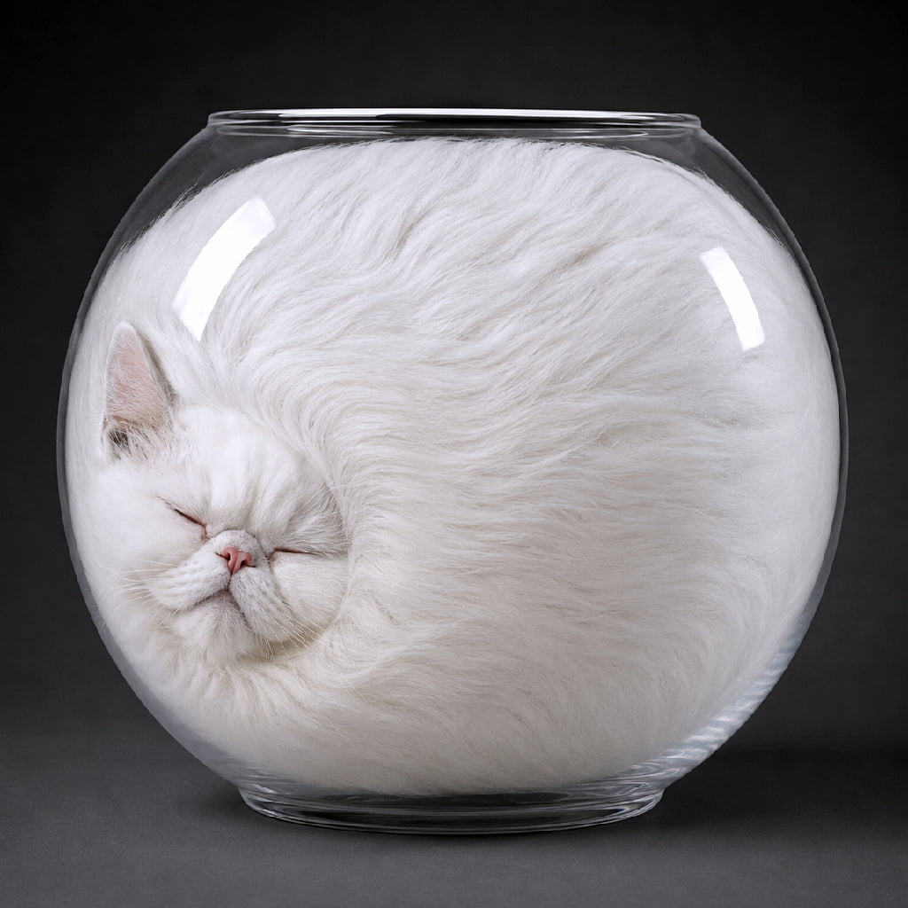 "Proof that cats are officially liquid! 🐱✨ This fluffy snowball found the ultimate cozy sleeping spot inside a glass bowl. Would you wake this sleeping beauty? 💤🤍 #LiquidCat #PersianCat #FluffyVibes #CuteCats" An ultra-realistic high-quality photograph of a fluffy white Persian cat completely curled up and sleeping inside a round, transparent glass fishbowl. The cat's dense, silky white fur conforms seamlessly to the spherical interior, beautifully demonstrating the famous "liquid cat" phenomenon. Its eyes are peacefully closed in deep sleep, with a soft pink nose and squished cheeks pressed gently against the smooth glass surface. Set against a clean, dark charcoal backdrop, subtle rim lighting highlights the reflective contours of the glass and the plush texture of the coat.