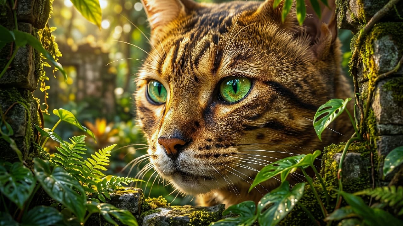 "Those emerald eyes see right into your soul! 💚 Wild elegance at its absolute finest. ✨ Who could resist this gaze? #BengalCat #CatPortrait #EyeContact" An ultra-realistic high-quality photograph close-up of a Bengal cat with striking, luminous emerald-green eyes peeking through mossy stone ruins and tropical fern leaves. The detailed facial markings, distinct forehead stripes, crisp whiskers, and warm golden fur are illuminated by soft, dappled sunlight filtering through the canopy, creating a dramatic depth of field.