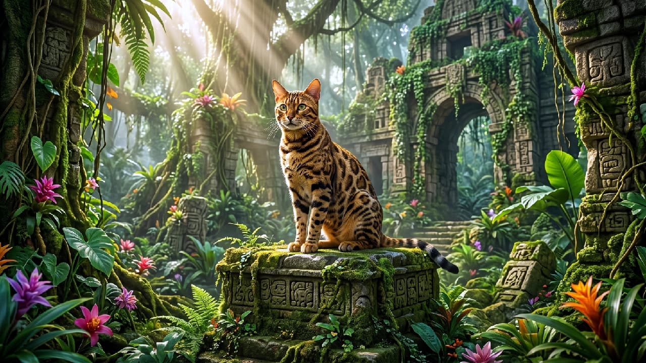 "Guardian of the ancient jungle! 🌿✨ This majestic Bengal looks like royalty exploring lost worlds. 🐾 Tap ❤️ if you love adventurous kitties! #BengalCat #WildVibes #CatLovers" An ultra-realistic high-quality photograph of a leopard-patterned Bengal cat with brown rosettes and bright green eyes, sitting gracefully upright on a moss-covered stone altar. Overgrown ancient jungle ruins with carved stone arches, climbing vines, and vibrant pink tropical flowers frame the scene, while soft sunbeams stream dramatically through the dense rainforest canopy.