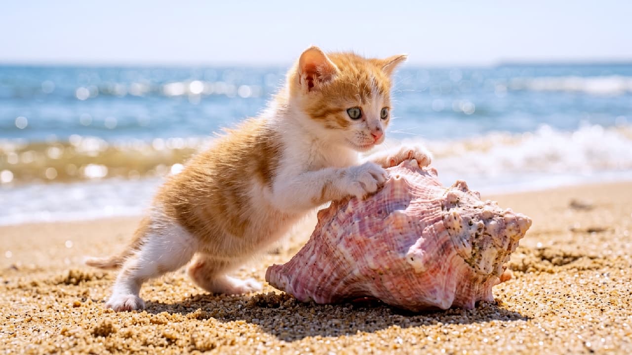 "Look what I found! 🐚✨ This tiny explorer is unlocking the secrets of the sea today. What do you think is inside? 🌊🐾 #BeachCat #TinyExplorer" Ultra-realistic high-quality photograph of a tiny, fluffy orange and white mackerel tabby kitten on a pristine sandy beach. The kitten is standing on its hind legs, stretching forward with its tiny white front paws resting eagerly on a large, textured pink conch seashell. Its big, curious hazel-green eyes are focused intently on the shell. The background features a beautifully blurred, sparkling blue ocean with glittering sunlight bokeh, capturing the bright, energetic essence of a perfect summer day.