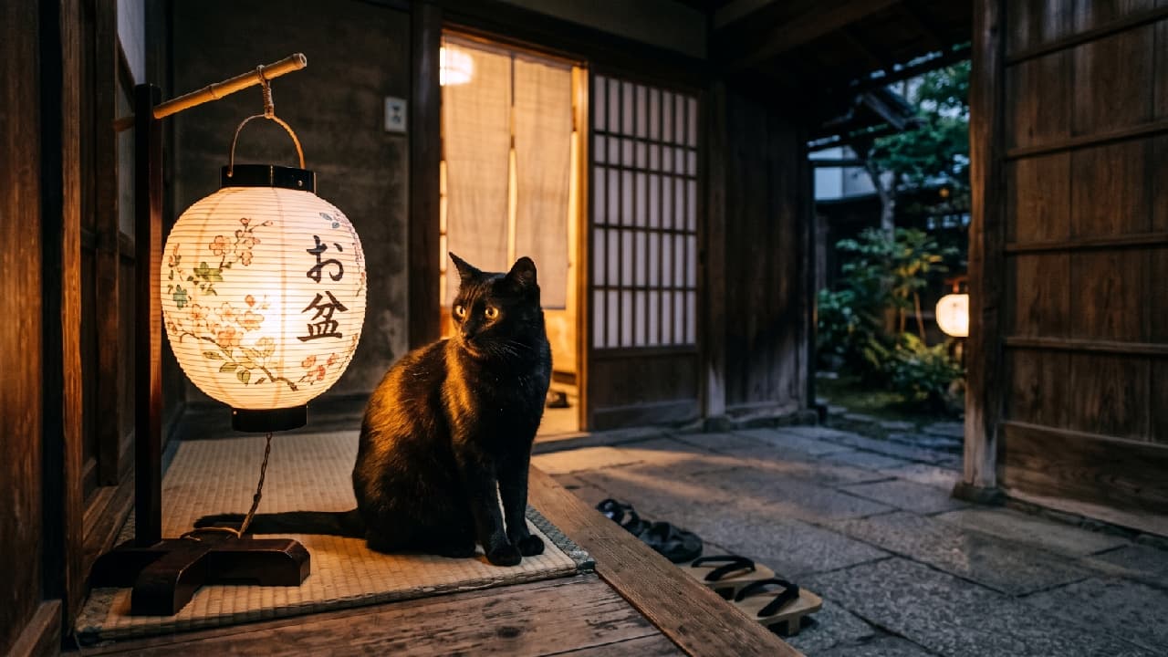 "A twilight guardian waiting for the spirits to return. 🌌 The warm glow of the Obon lantern makes this summer night extra magical. #BlackCat #ObonFestival #KyotoVibes" Ultra-realistic high-quality photograph of a sleek black cat (domestic shorthair) sitting attentively on a tatami-lined wooden porch at dusk. The cat's glossy coat beautifully catches the warm, golden glow from a traditional paper lantern bearing the Japanese characters for "Obon" (お盆). The cat's striking yellow eyes gaze softly into the distance. The background features a dimly lit traditional Japanese courtyard with wooden sliding doors, stone paving, and wooden geta sandals, evoking a quiet, spiritual summer evening.