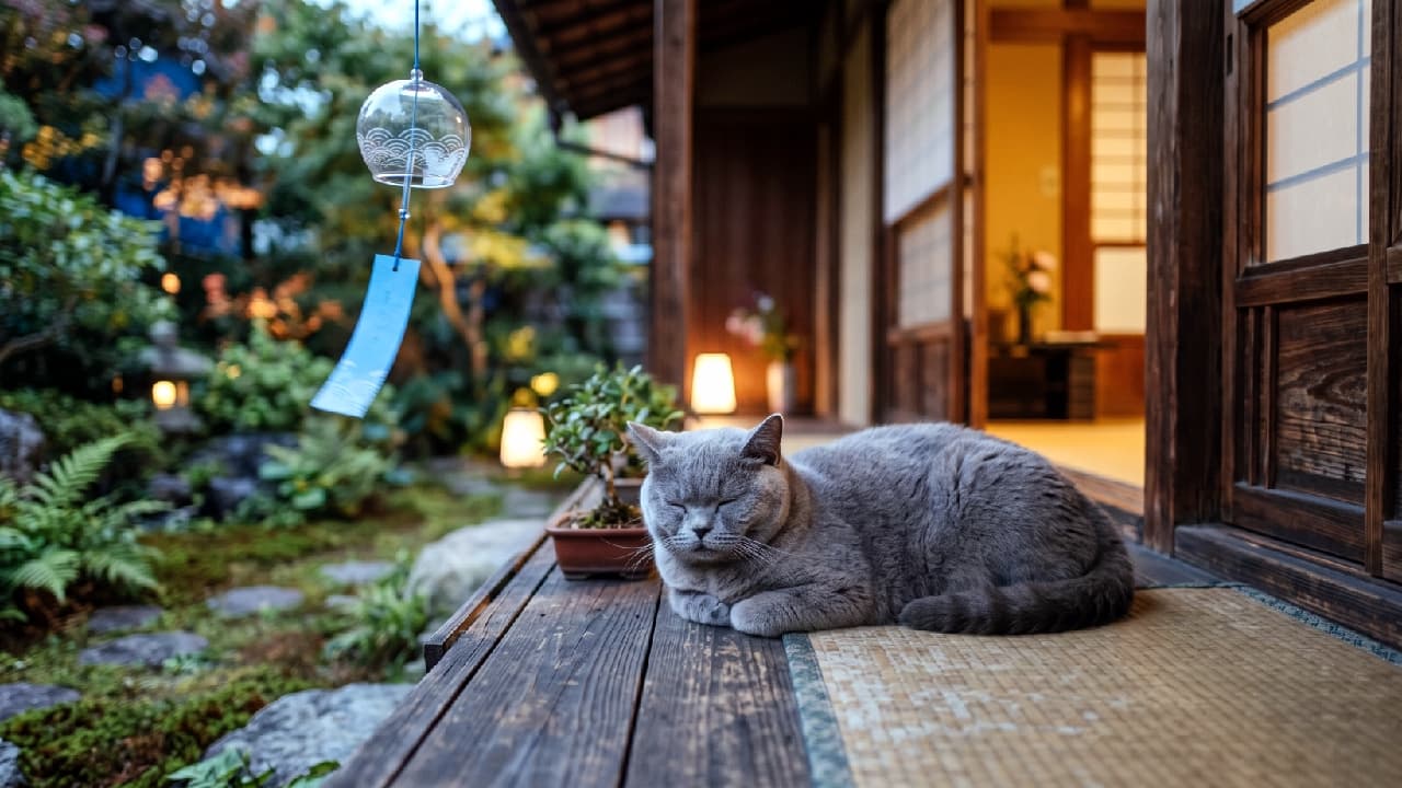"Dozing off to the gentle sound of the summer wind chime... 🎐✨ Wishing you all a peaceful and relaxing Obon holiday. #BritishShorthair #SummerZen #CatLoaf" Ultra-realistic high-quality photograph of a plush British Shorthair cat resting in a perfect "loaf" position on a wooden engawa porch. The cat has a dense, silvery-blue coat, chubby cheeks, and its eyes are peacefully closed in deep slumber. Above, a delicate glass wind chime (furin) with a light blue paper strip catches a gentle summer breeze. The background reveals a tranquil Japanese garden at twilight, with warm lantern light spilling from the traditional sliding doors, creating a deeply relaxing and zen-like ambiance.