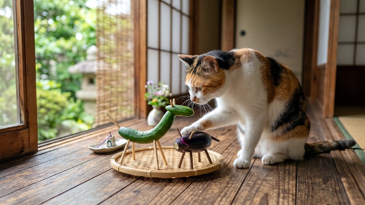 "Welcoming the ancestors back home! 🏮✨ This curious little calico is making sure our spirit rides are ready for the Obon festival. #Obon #CalicoCat #JapaneseSummer" Ultra-realistic high-quality photograph of a curious Calico cat (domestic shorthair) gently touching a traditional Obon eggplant cow with its white paw. The cat has bright, focused eyes and striking orange, black, and white coat markings. They are sitting elegantly on a rich wooden engawa (veranda) of a traditional Japanese home. A cucumber horse and a small incense burner are placed on a woven bamboo tray next to the cat. A serene, lush green garden softly blurs in the background, creating a warm, nostalgic summer atmosphere.