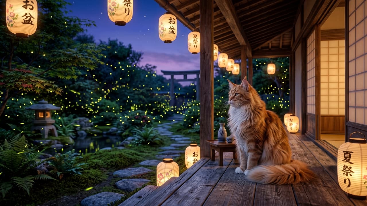 "A magical summer night surrounded by glowing fireflies and ancestral spirits. 🌿✨ This majestic fluffy guardian is enjoying the mystical Obon evening. #MaineCoon #Fireflies #MysticalCats" Ultra-realistic high-quality photograph of a majestic, long-haired Maine Coon cat sitting gracefully on the edge of a wooden engawa. The cat features a luxurious ginger and white coat, a thick plumed tail beautifully wrapped around its paws, and a noble profile as it gazes into the twilight. The surrounding traditional Japanese garden is deeply enchanting, illuminated by hundreds of glowing fireflies (hotaru) and several warm paper lanterns marked with "Obon" and "Summer Festival". A classic stone lantern and a distant Torii gate complete this mystical summer night scene.