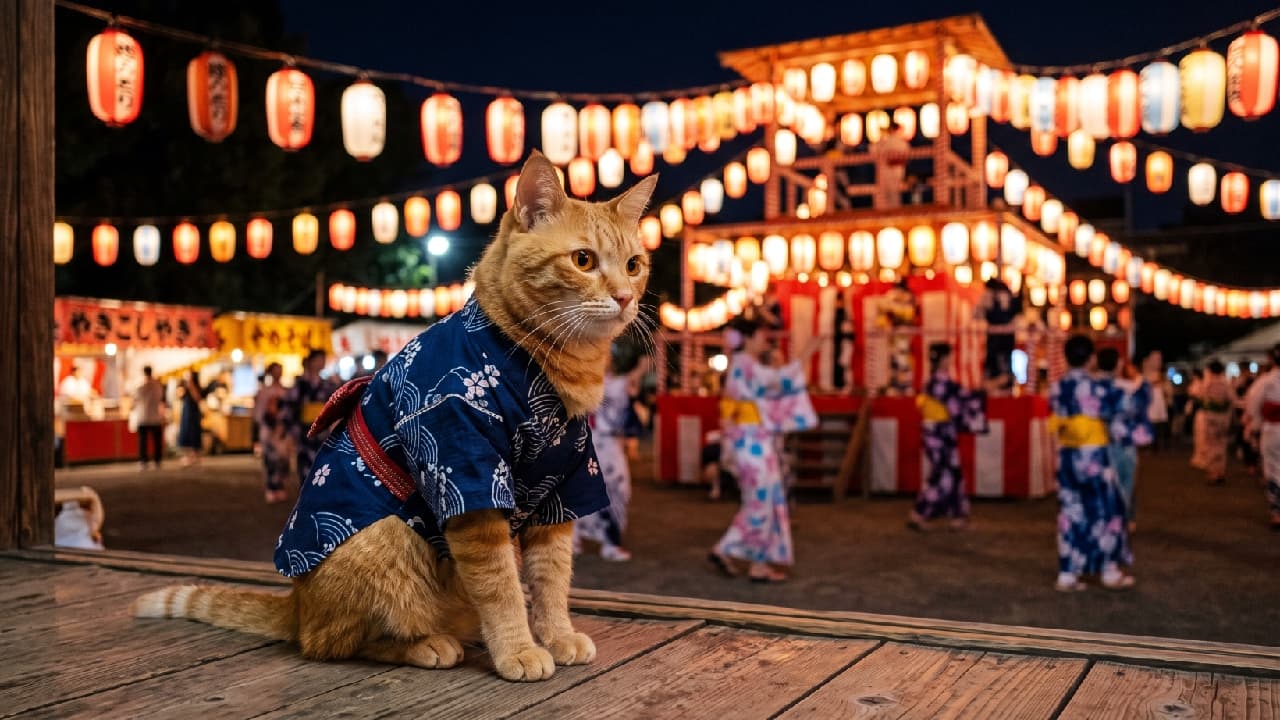 "Festival ready! 🏮🐾 Our handsome ginger boy is dressed in his best yukata for tonight's Bon Odori dance. Who wants to join the fun? #BonOdori #GingerCat #Matsuri" Ultra-realistic high-quality photograph of a handsome orange tabby cat sitting politely on a wooden stage, dressed in a miniature traditional blue yukata adorned with delicate white wave and cherry blossom patterns. The cat looks slightly off-camera with a calm, observant expression. The background is a vibrant, bustling Bon Odori night festival, featuring a brightly lit wooden yagura tower decorated with glowing red and white paper lanterns. Blurred festival-goers in colorful yukata can be seen dancing in the lively background.