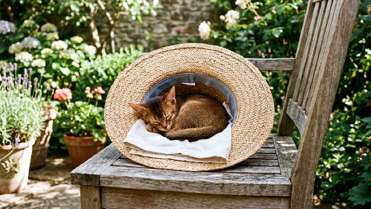 "Finding the perfect shady spot! ☀️ This little Abyssinian knows that a sun hat makes the best summer hammock. Who else wishes they were napping in the garden right now? 🌿💤 #SummerVibes #KittenNap" An ultra-realistic, high-quality photograph of a gorgeous Abyssinian kitten sleeping peacefully inside an inverted woven straw sun hat. The kitten features a rich, warm ruddy ticked coat, deeply closed eyes expressing ultimate relaxation, and is curled up tightly on a soft linen cloth. The hat rests on a rustic slatted wooden chair in a lush, sun-dappled summer garden filled with green foliage and distant blooming flowers, capturing the perfect lazy summer afternoon vibe.